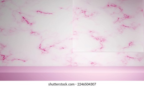 3d luce un producto rosa claro escaparate con pared de mármol y podio de exposición. Fondo texturado de piedra con el podio y la sombra de gobo en la parte superior.