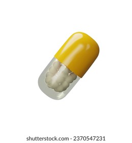 3D render long angle yellow pill. Realistic plastic treatment. Medicine care tablet. Pharmacy chemical cure, drug, antibiotic, vitamin, painkiller. Vector illustration about health in plastic style