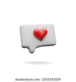 3d render love speech bubble. Romantic online communication. Three dimensional vector illustration message with heart shape. Chat icon of love discussion, social conversation. Media template comment