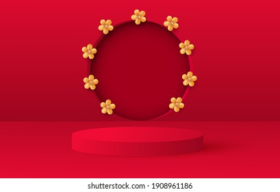 3d render of love valentine stages background or texture. Bright red festive podium or pedestal backgrounds.Flower decorations Vector illustration