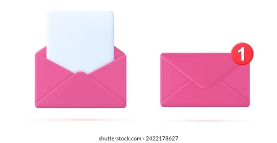 3d Render mail Envelope with paper documents icon isolated on white background. Read online message. Realistic symbol communication. Business news and invitations. Vector illustration