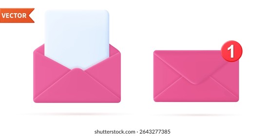 3d Render mail Envelope with paper documents icon isolated on white background. Read online message. Realistic symbol communication. Business news and invitations. Vector illustration
