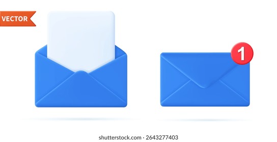 3d Render mail Envelope with paper documents icon isolated on white background. Read online message. Realistic symbol communication. Business news and invitations. Vector illustration