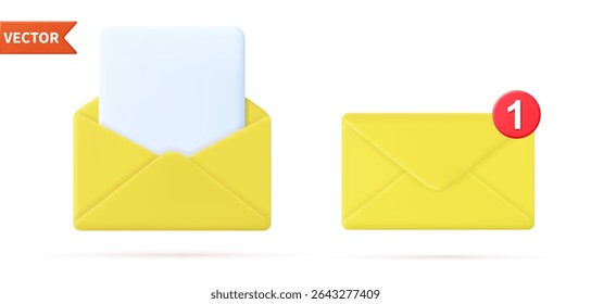 3d Render mail Envelope with paper documents icon isolated on white background. Read online message. Realistic symbol communication. Business news and invitations. Vector illustration