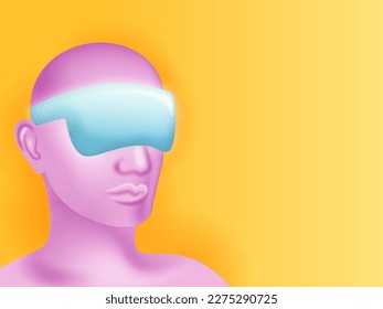 3D Render of Man Face Wearing VR Goggles On Chrome Yellow Background And Copy Space.