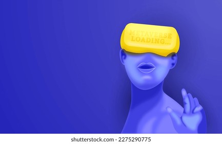 3D Render of Man Wearing VR Goggle Showing Status of Loading Metaverse On Blue Background And Copy Space.