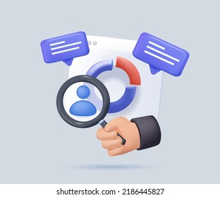 3D render Marketing analitics and development illustration. Taking part in business activities. Magnifying glass, zoom, customer review. Know your customer. Business statistics graph. 3D Trendy vector