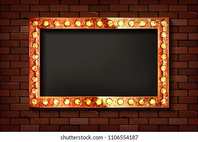 3D render Marquee light rectangle board sign on brick wall backgroud. Vector illustration