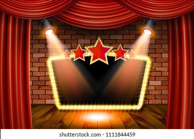 3D render Marquee light rectangle board sign on brick wall backgroud. Vector illustration. On red curtain