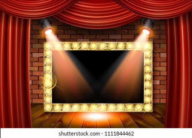 3D render Marquee light rectangle board sign on brick wall backgroud. Vector illustration. On red curtain