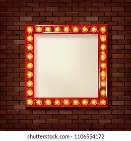 3D render Marquee light square board sign on brick wall backgroud. Vector illustration