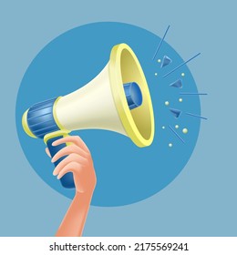 3d render Megaphone. Cartoon hand holding a loudspeaker. Vector illustration.