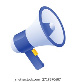 A 3D render of a megaphone, featuring a white cone and a blue handle and detailing. The megaphone is presented in a clean, isolated style against a stark white background, emphasizing its form and function.