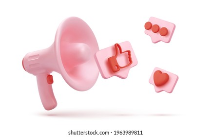 3d render megaphone with flying icons in bubbles with shadow isolated on white background. Vector illustration