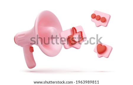 3d render megaphone with flying icons in bubbles with shadow isolated on white background. Vector illustration