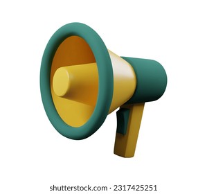3d render megaphone in green and yellow color for web and app. Plastic cartoon style