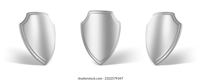 3D render metal shields isolated on white background. Realistic shield icons. Concept of secure protection. Vector 3d Illustration