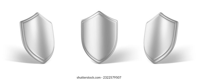 Escudos de metal de procesado 3D aislados sobre fondo blanco. Iconos de escudo realistas. Concepto de protección segura. Ilustración del vector 3d