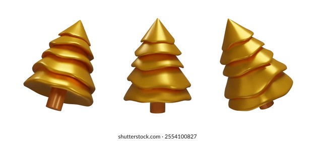 3d render metallic set Christmas tree. Three dimensional vector illustration. Realistic collection spruce decoration for New Year. Winter gold fir for December element for season holiday.