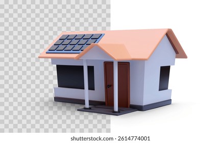 3D Render Of Modern House With Solar Panels On Roof, Isolated On Transparent And White Background. Eco Energy, Smart Home, Clean Technology Concept. Vector Illustration.