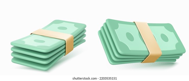 3d render money banknote piles, isolated green dollar packs on white background. Paper currency bills, finance success, casino jackpot, win, wealth, salary Vector illustration in. 3D Illustration