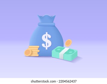 3D render money investment, money saving, investment, income, salary vector concept. 3d vector design illustration