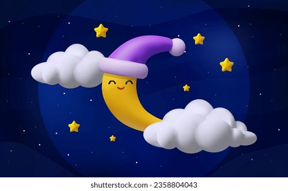 3D render moon night for kids room. Vector illustration cute cloud sky. Realistic space elements. Astronomy background in plastic style. Starry midnight with moonlight. Cartoon illustration dream