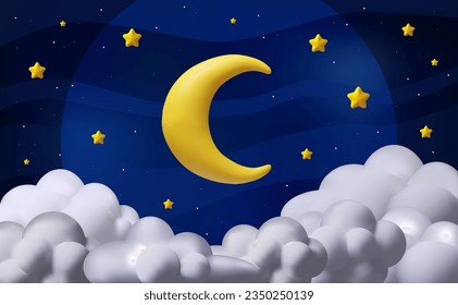 3D render moon night. Vector illustration dark cloud sky. Realistic space elements. Astronomy background in plastic style. Starry midnight with moonlight. Milky way galgaxy. Cartoon illustration dream