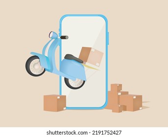 3D render Motorcycle scooter and parcels box stacks with smart phone . Online delivery minimal cartoon concept 