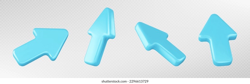 Icono de cursor de flecha de ratón 3d para hacer clic en vector. Ilustración realista del símbolo del puntero del ordenador. Conjunto aislado de punto de dirección azul. Elemento Web para la opción o la siguiente acción de la interfaz de plástico brillante.