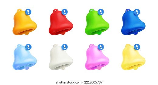 3d render notification bells, colorful unread message on phone or computer application. Alert notice, spam, chat box, online conversation isolated icons, Vector illustration in cartoon plastic style