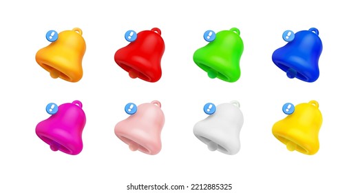 3d render notification bells, colorful unread message on phone or computer application. Alert notice, spam, chat box, online conversation isolated icons, Vector illustration in cartoon plastic style