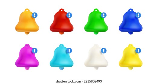 3d render notification bells, colorful unread message on phone or computer application. Alert notice, spam, chat box, online conversation isolated icons, Vector illustration in cartoon plastic style