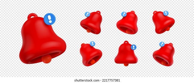 3d render notification bells, red unread message on phone or computer application. Alert notice, spam, chat box, online conversation isolated angle icons, Vector illustration in cartoon plastic style