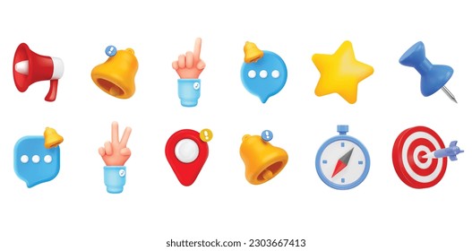 3d render notification and reminders social media icons. Bell, message bubble, map pin, loudspeaker and hand gesture isolated elements. News, sms, notice Vector illustration in cartoon plastic style