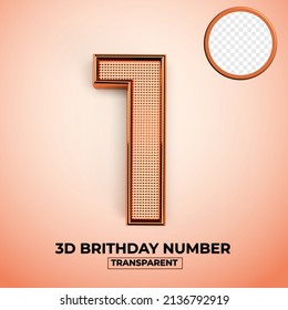 3D Render number 1 of brithday transparent element, gold style, easy copy