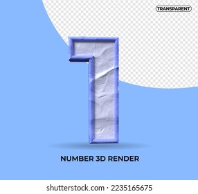 3D render number 1 plastic blue color transparent