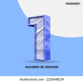 3D render number 1 plastic blue color transparent