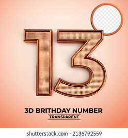 3D Render number 13 of brithday transparent element, gold style, easy copy