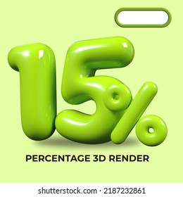 3D render number 15% percentage green plastic, balloon, sale discount, progress, shop kid sale