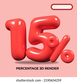 3D render number 15 % percentage RED plastic, balloon, sale discount, progress, shop kid sale