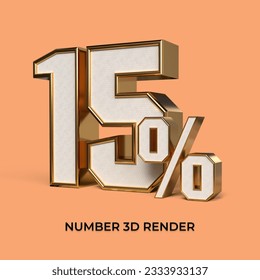 3d render  number 15% percentage gold and white