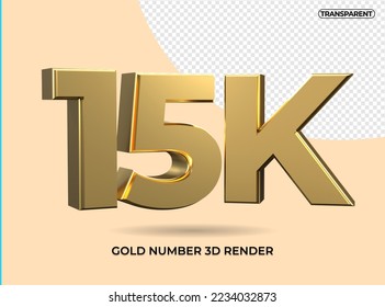 3D Render number 15K gold transparent, for element design followers social media, 