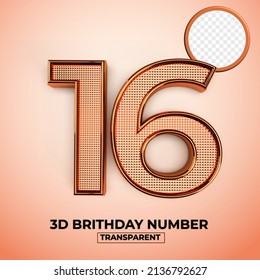 3D Render number 16 of brithday transparent element, gold style, easy copy
