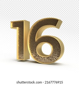 3D render number 16 luxury for anniversary, birthday, gold style