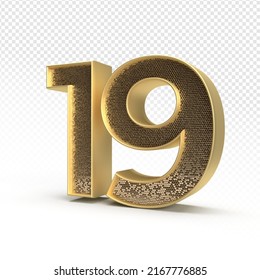 3.D renderización número 19 de lujo para aniversario, cumpleaños, estilo oro