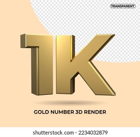 3D Render número 1K oro transparente, para seguidores de diseño de elementos en medios sociales, 