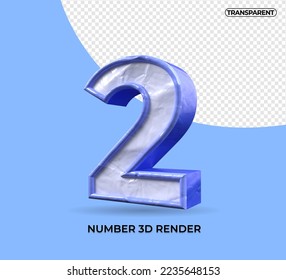 3D render number 2 plastic blue color transparent