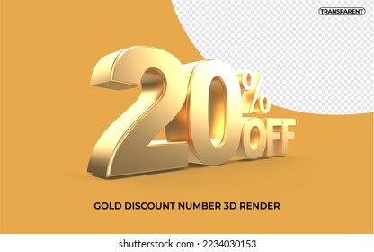 3D-Render Nummer 20 %, grau-weiß und gold-transparent 