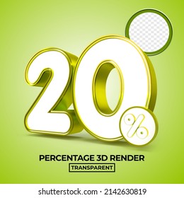 3D render number 20 percentage for sale discount, progress report, info data financial green color